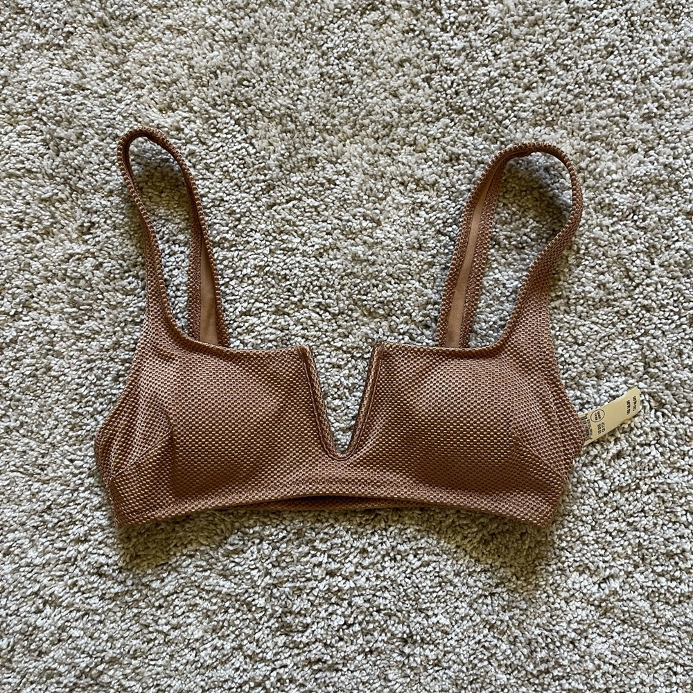NWT Aerie Women’s Scoop Neck Brown Tan Bikini Top Crinkle Fabric Size XXS
